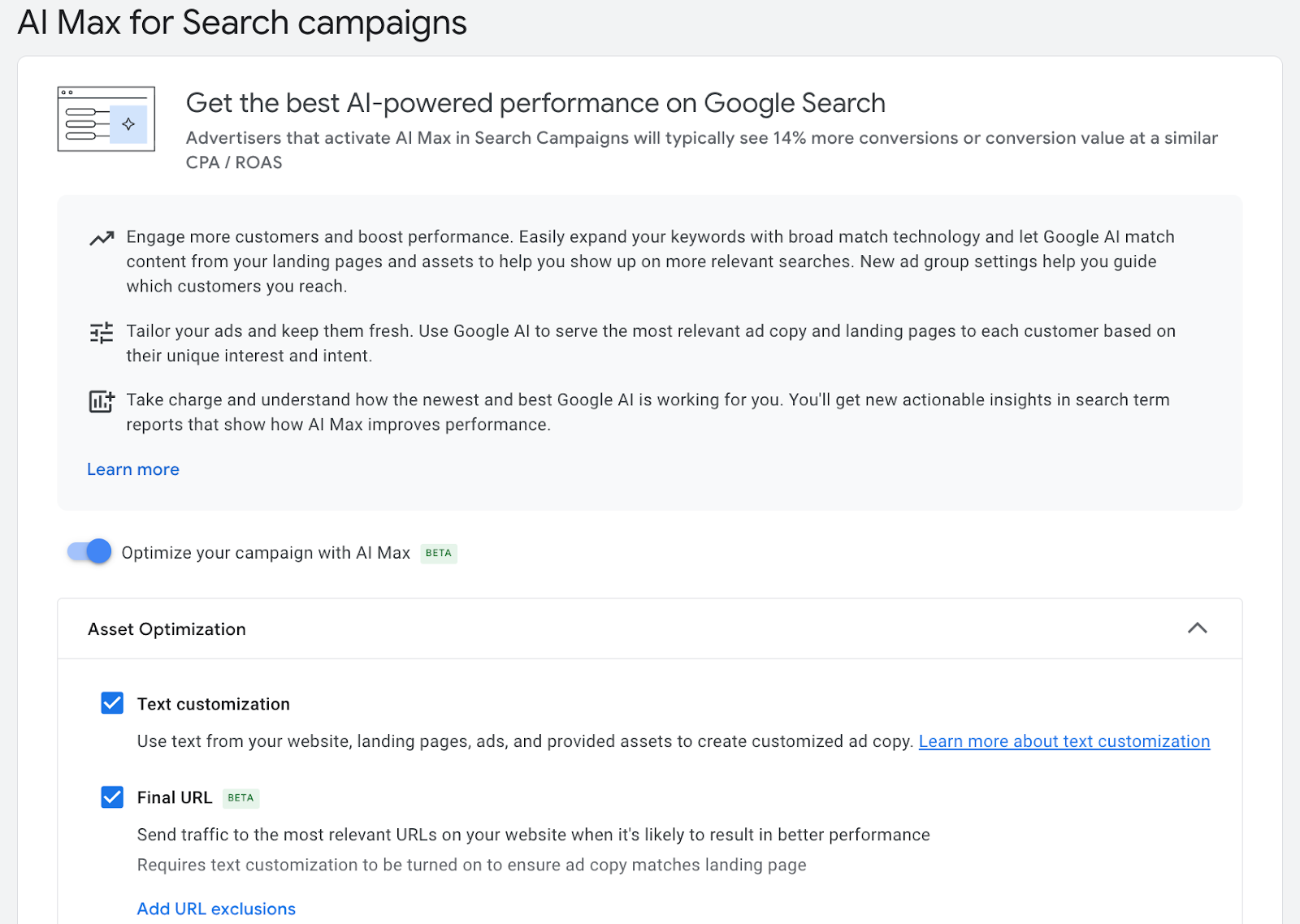 A screenshot of the enabled AI Max for google search campaigns in Google Ads function