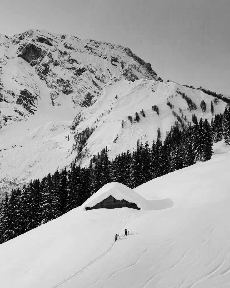 Tall snow-covered mountain with a forested slope and a small cabin buried in snow, two people ski down a snowy hillside.