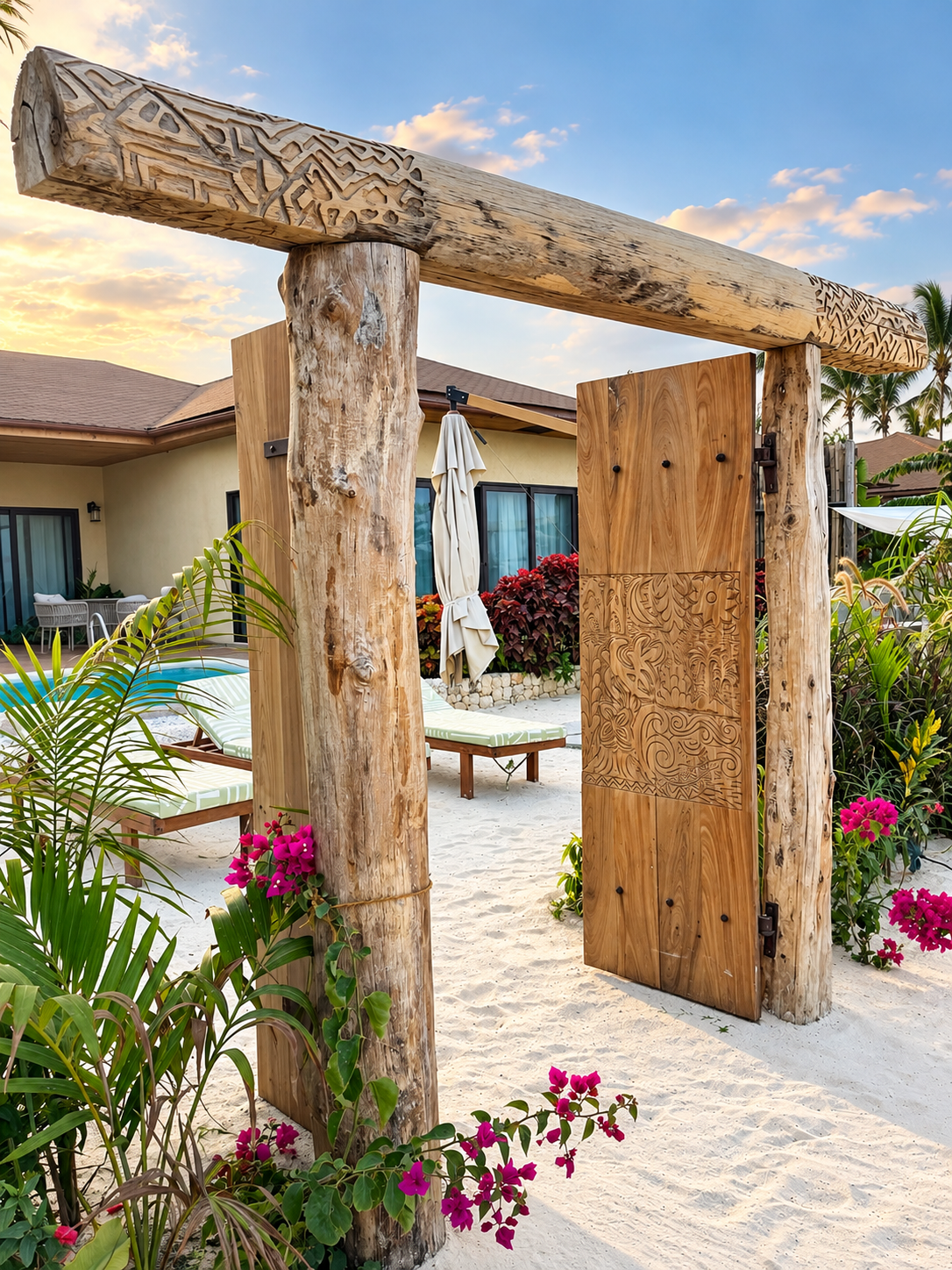 Houten toegangspoort met houtsnijwerk bij de Ocean Villa van ENVI paje op Zanzibar, met tropische bloemen, ligbedden  en een privezwembad op de achtergrond.