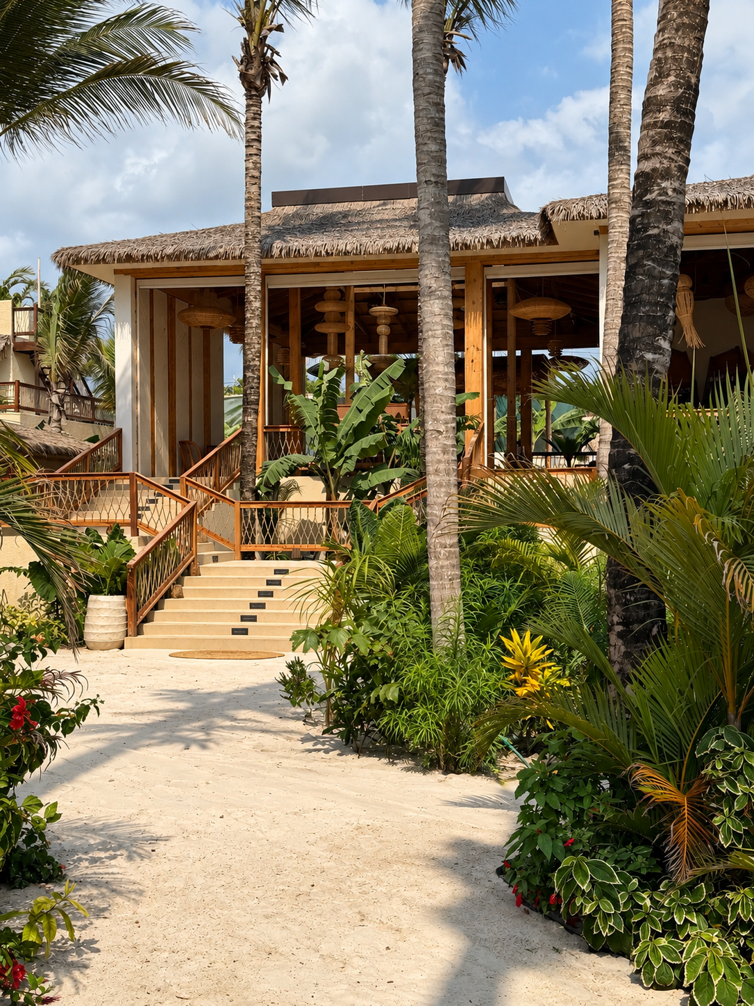ENVI paje op zanzibar met een houten trap, rieten dak, palmbomen en weelderige groene beplanting rondom het stijlvolle boutique hotel