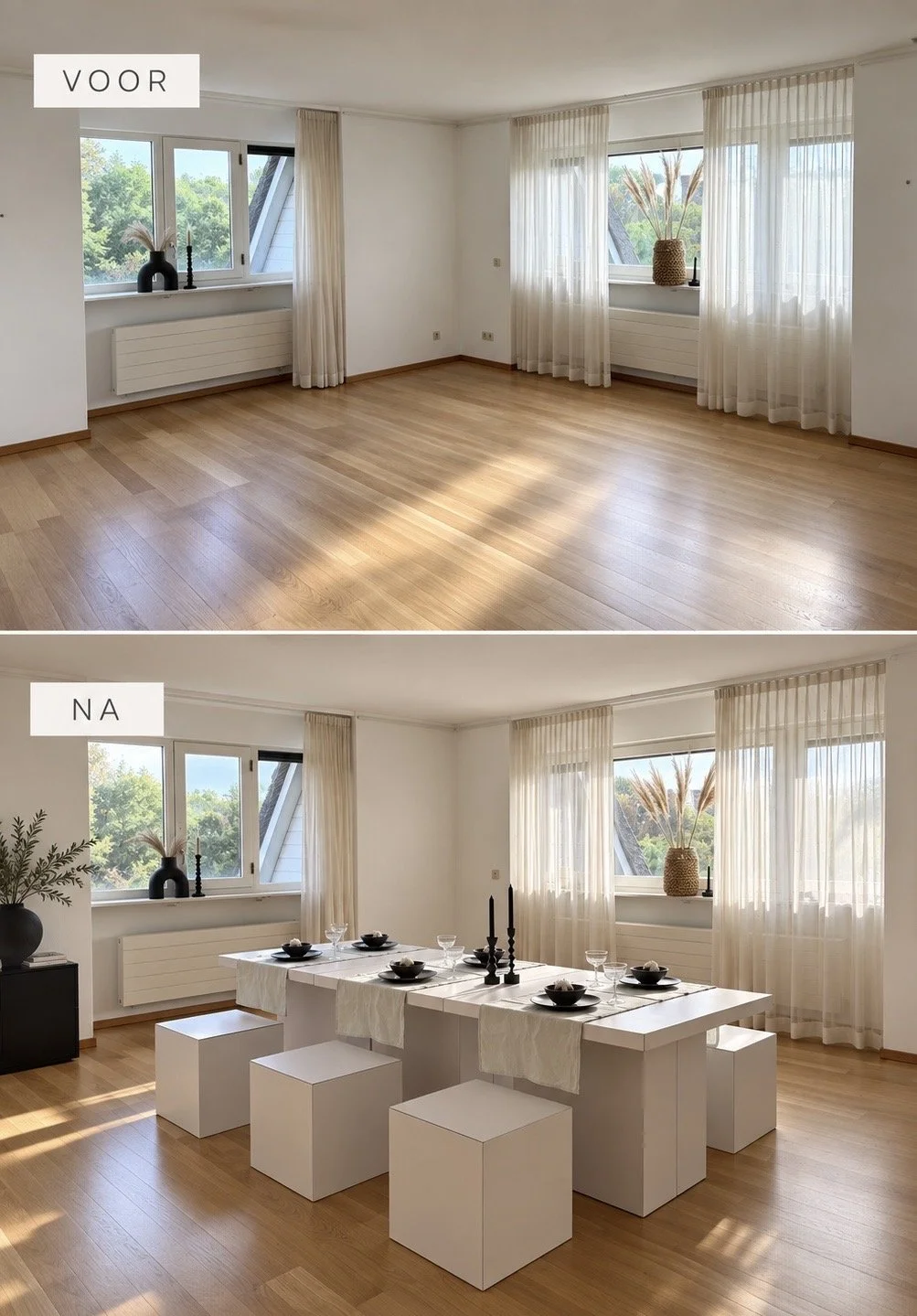 Voor en na vastgoedstyling: lege eetkamer verkoopklaar gemaakt met kartonnen meubels en accessoires