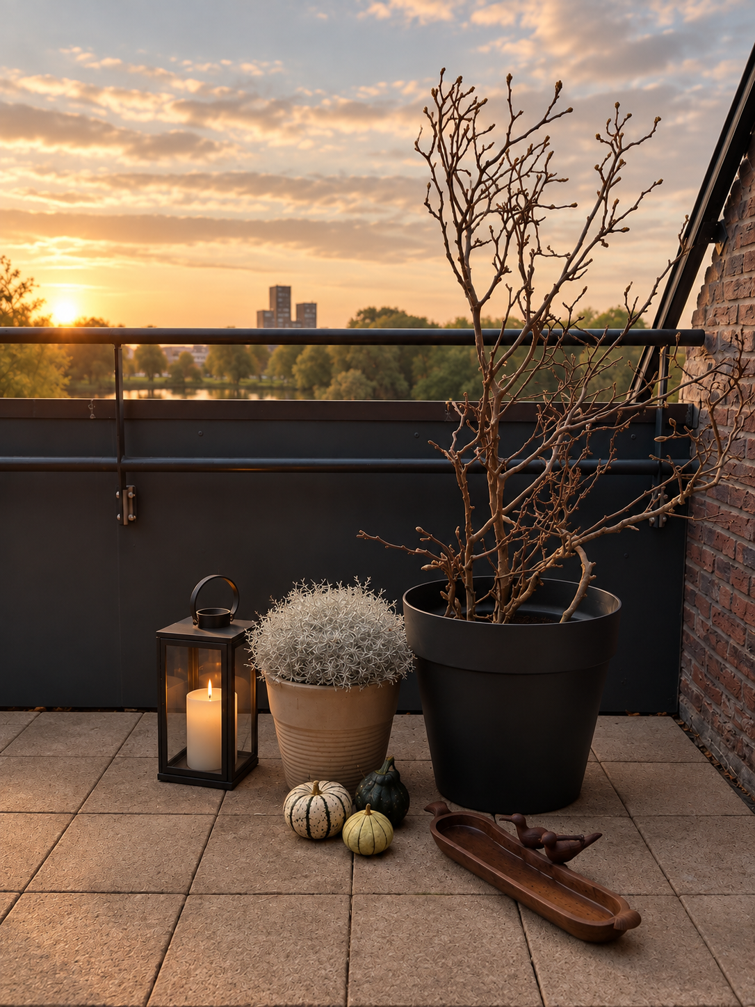 Balkon verkoopklaar gestyled met onderhoudsvrij groen en enkele accessoires