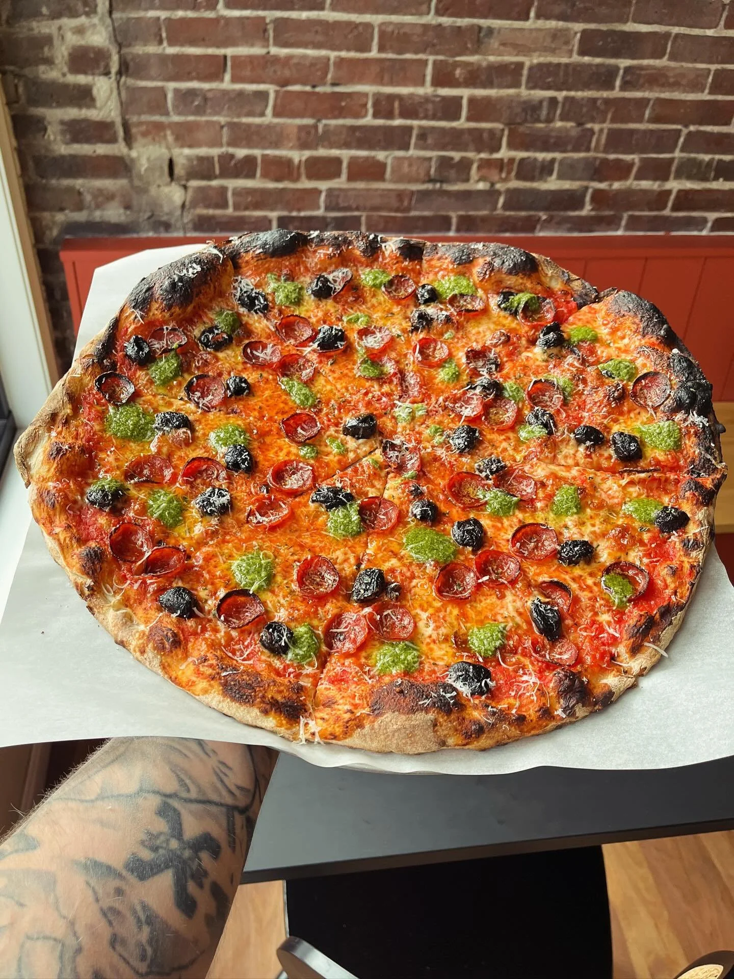 A few new changes!

We changed to Moroccan dry cured black olives. They&rsquo;re more intense and pair well with pepperoni.

We&rsquo;ve also changed whole basil to basil oil for the cooler seasons. It&rsquo;s good on everything! 

Here is my favorit