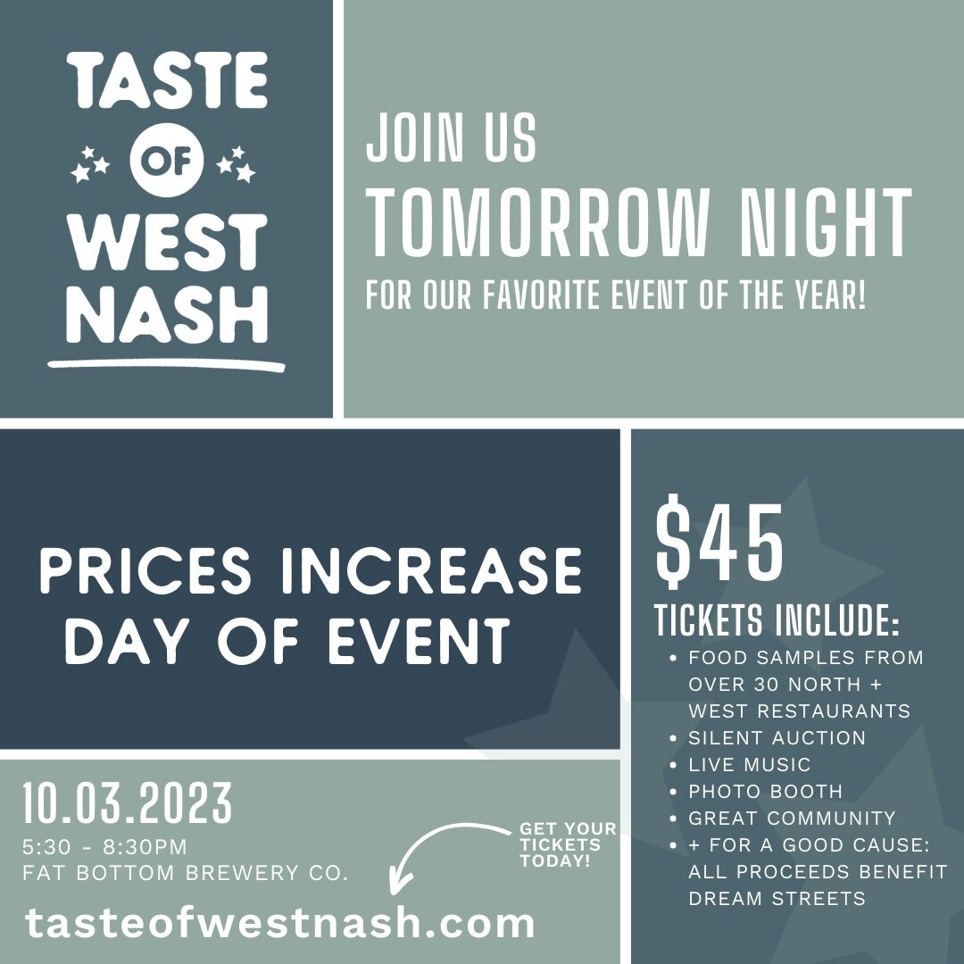 TOMORROW, TOMORROW, TOMORROW! We can't wait to see your beautiful (and hungry) faces tomorrow at Fat Bottom for Taste of West Nashville! Check out this year's restaurant lineup and shop our silent auction at the link in our bio until tomorrow at midn