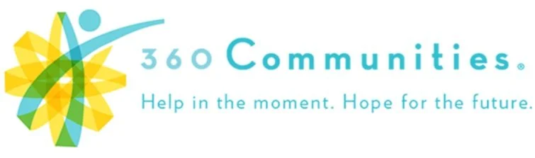 Logo for 360 Communities with a colorful abstract tree and the text '360 Communities' and the slogan 'Help in the moment. Hope for the future.'