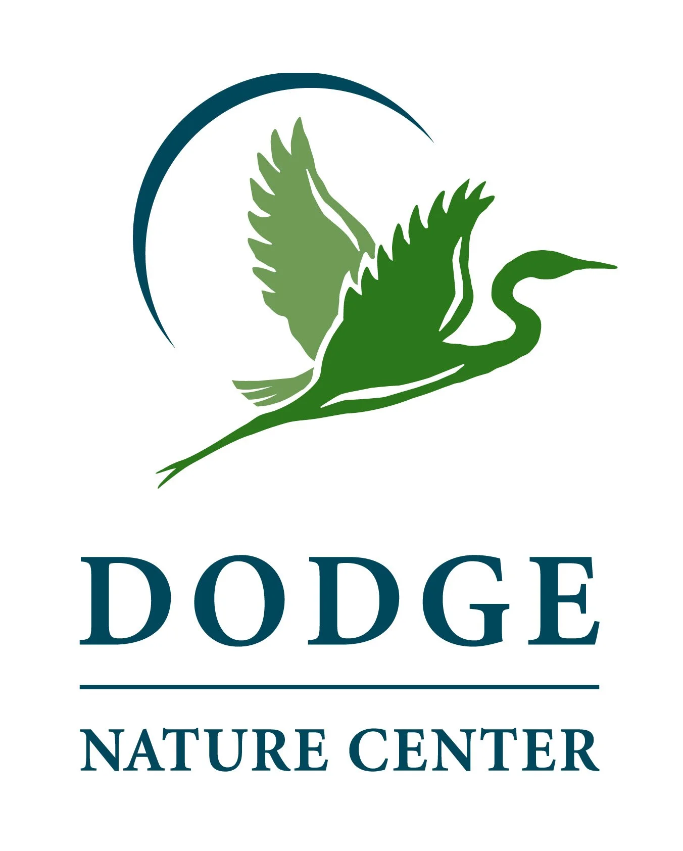 Dodge Nature Center logo featuring a stylized green heron or crane bird with wings extended and an arching blue shape in the background, followed by the text 'DODGE' and 'NATURE CENTER'.