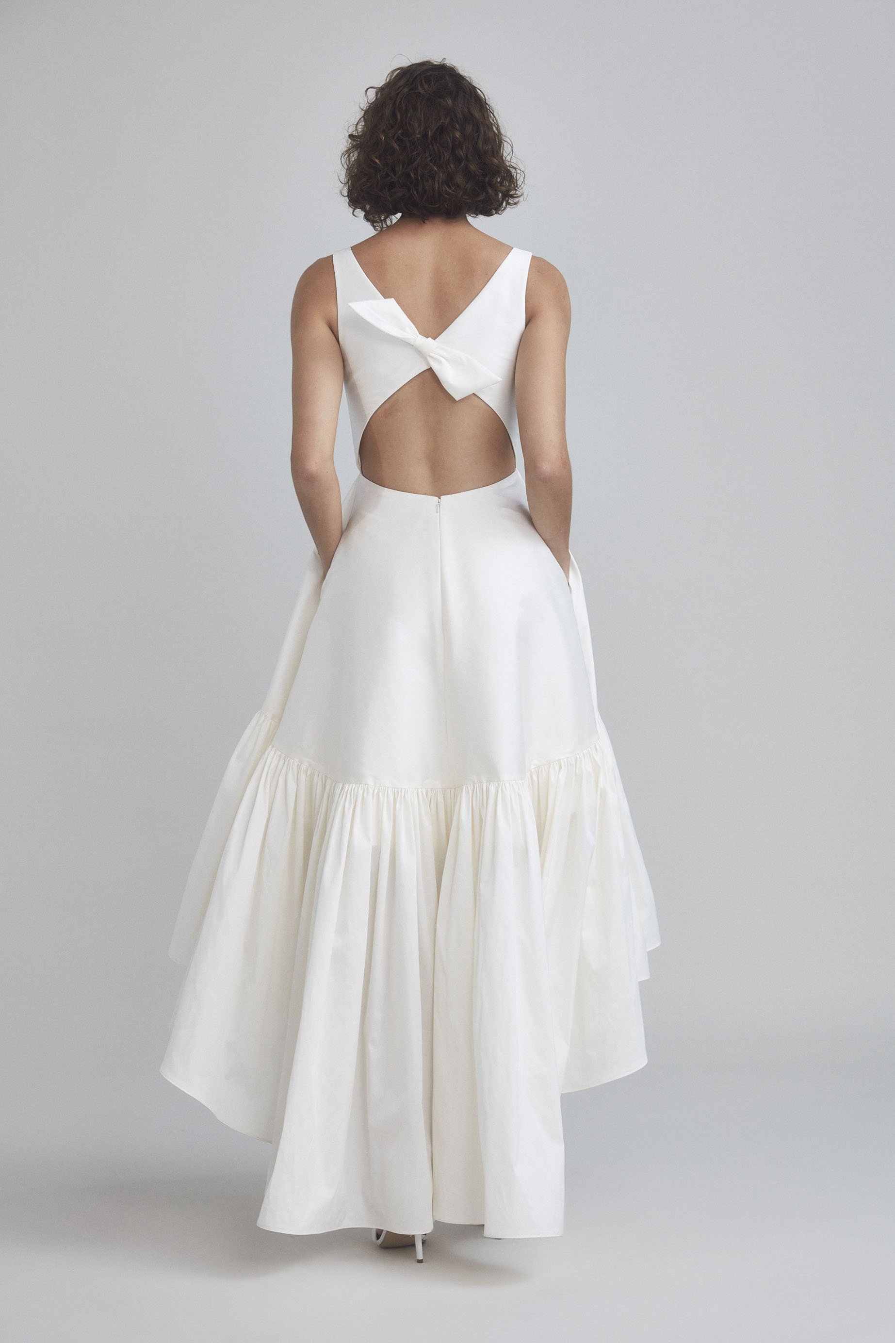 Amsale + Little White Dress + LW188 + Taffeta + Scoop Neck + High-low Hem + A-line + Bow + Pockets + Back.jpg