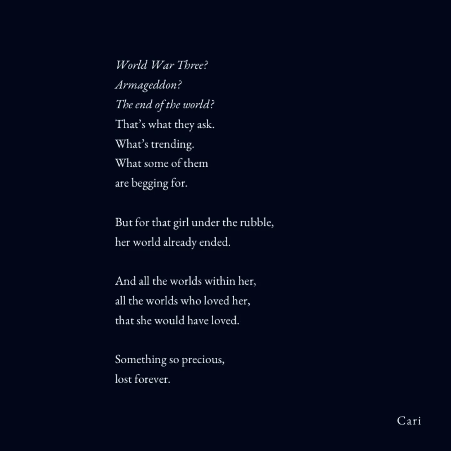 A poem 💔

Images of some of the lives lost in the attacks on Lebanon yesterday from @mothersagainstgenocide 

254 people were killed but a number really translates very little. These are lives.

.
.
.
#lebanon #poem #poetrygram #gaza #palestine