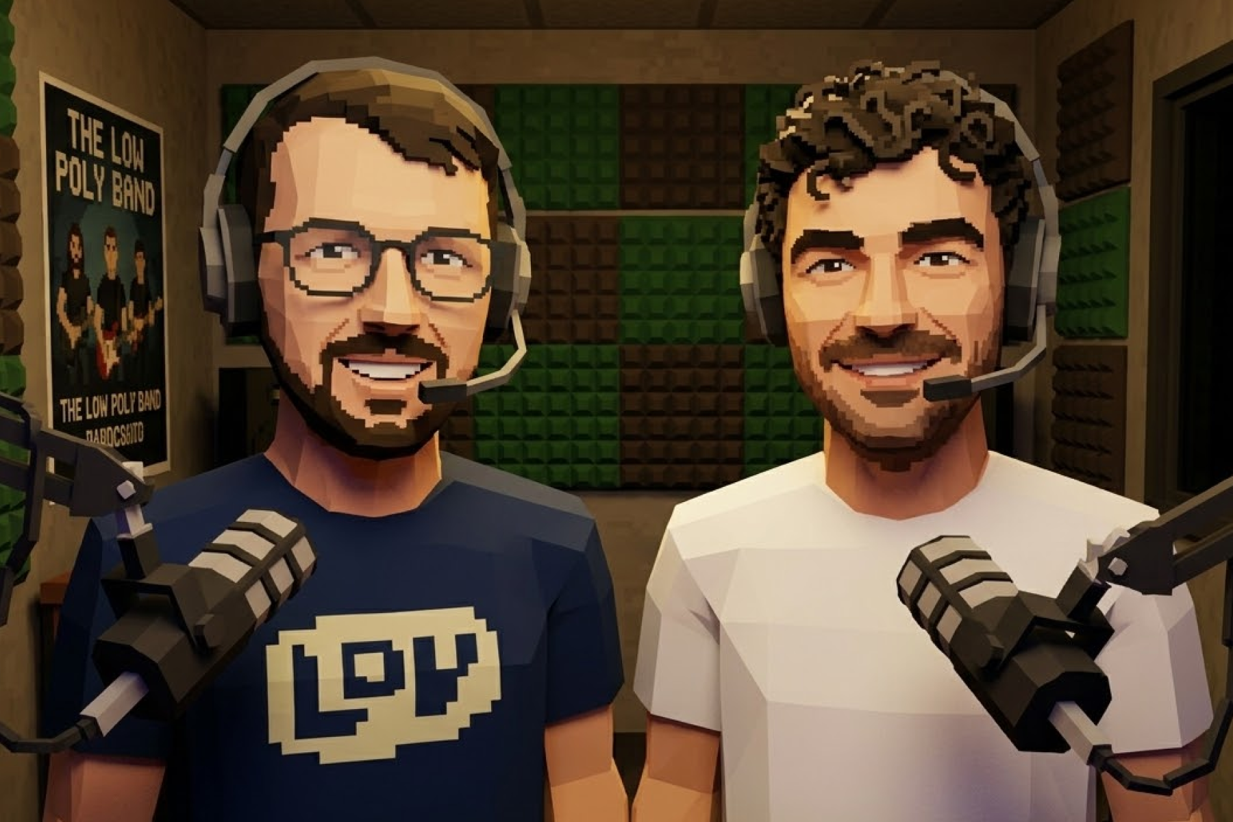 Smollie en Freddy in een podcast-studio. Ze zien eruit als game-figuren uit een '90 game.