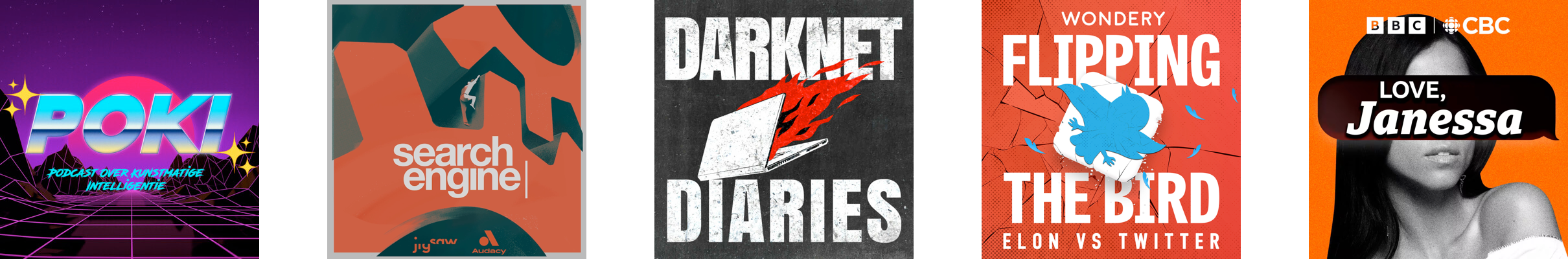 Thumbnails van de podcasts.