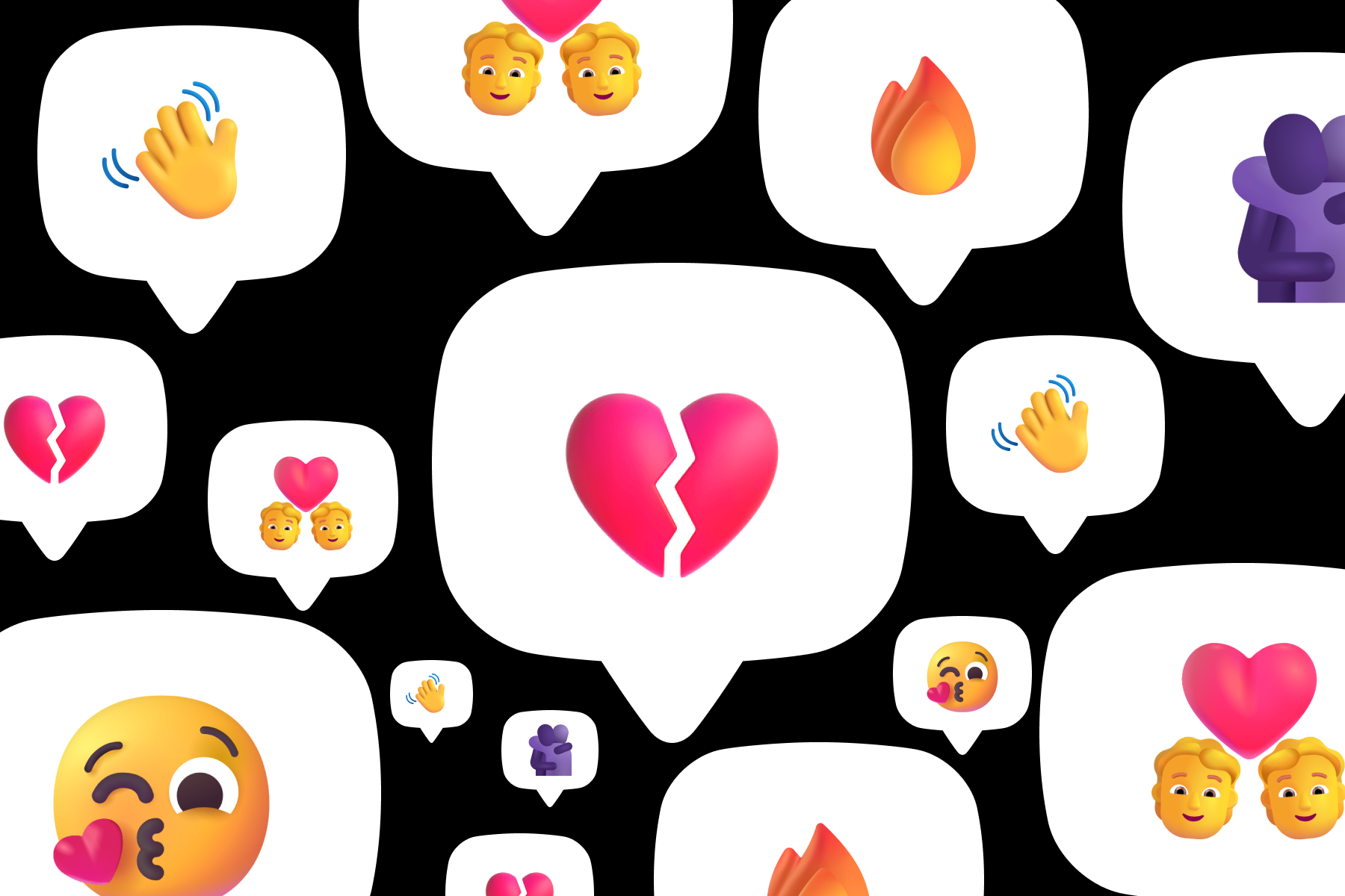 Een hoop schreeuwerige tekstballonnen met daarin emoji vol liefde, liefdesverdriet, en passie.