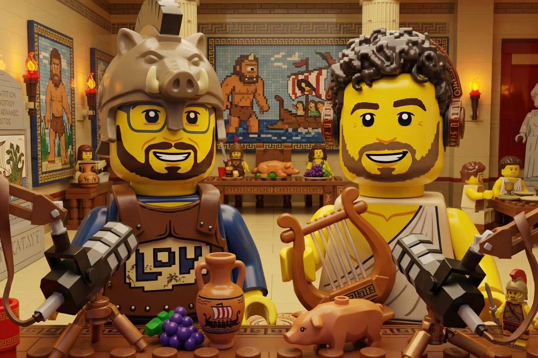 Smollie en Freddy in de podcast-studio, als AI-LEGO-mannetjes, verkleed als Griekse figuren uit The Odyssey.