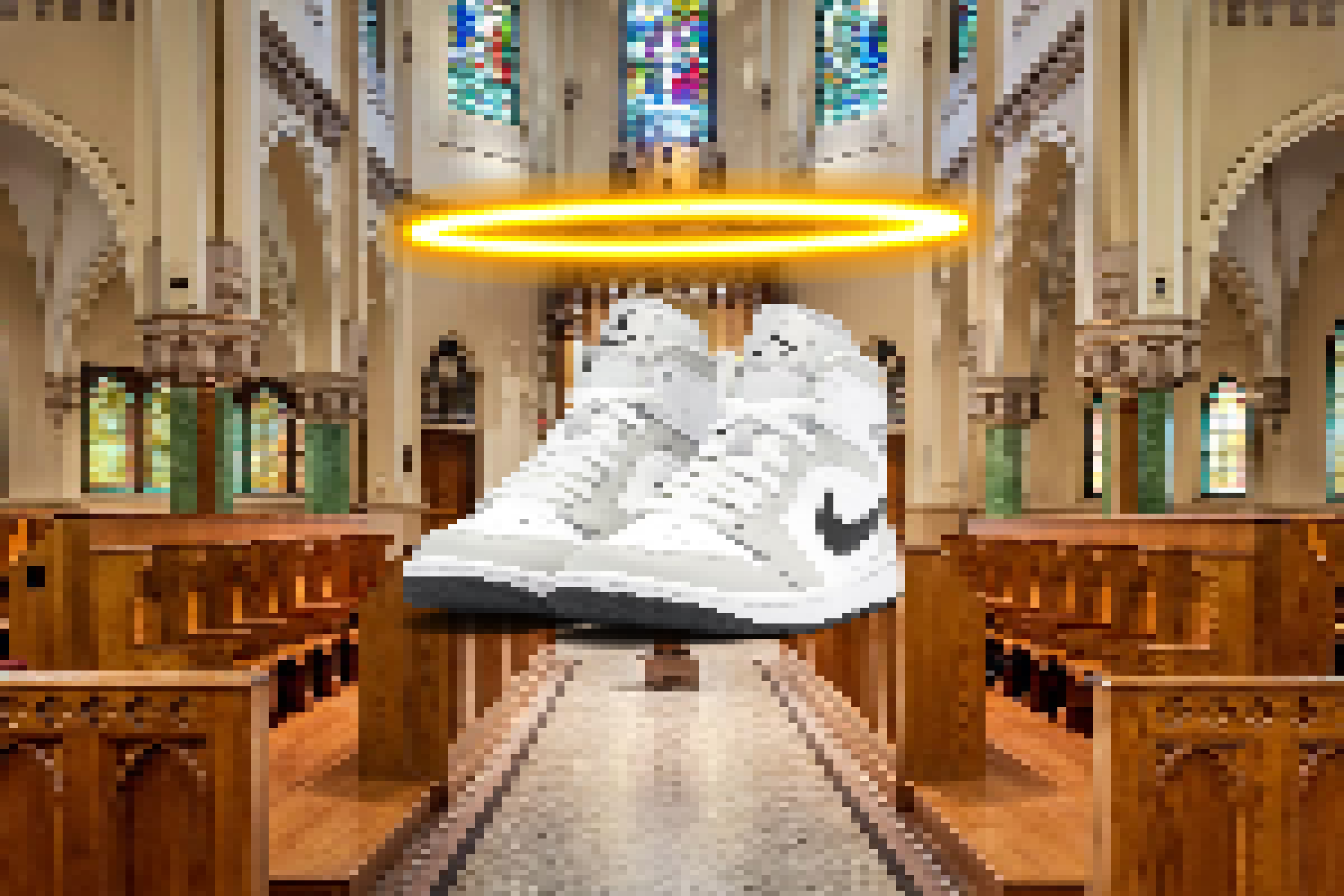 Een gepixelde foto van een kerk, met daarin een paar sneakers met een aureool erboven.