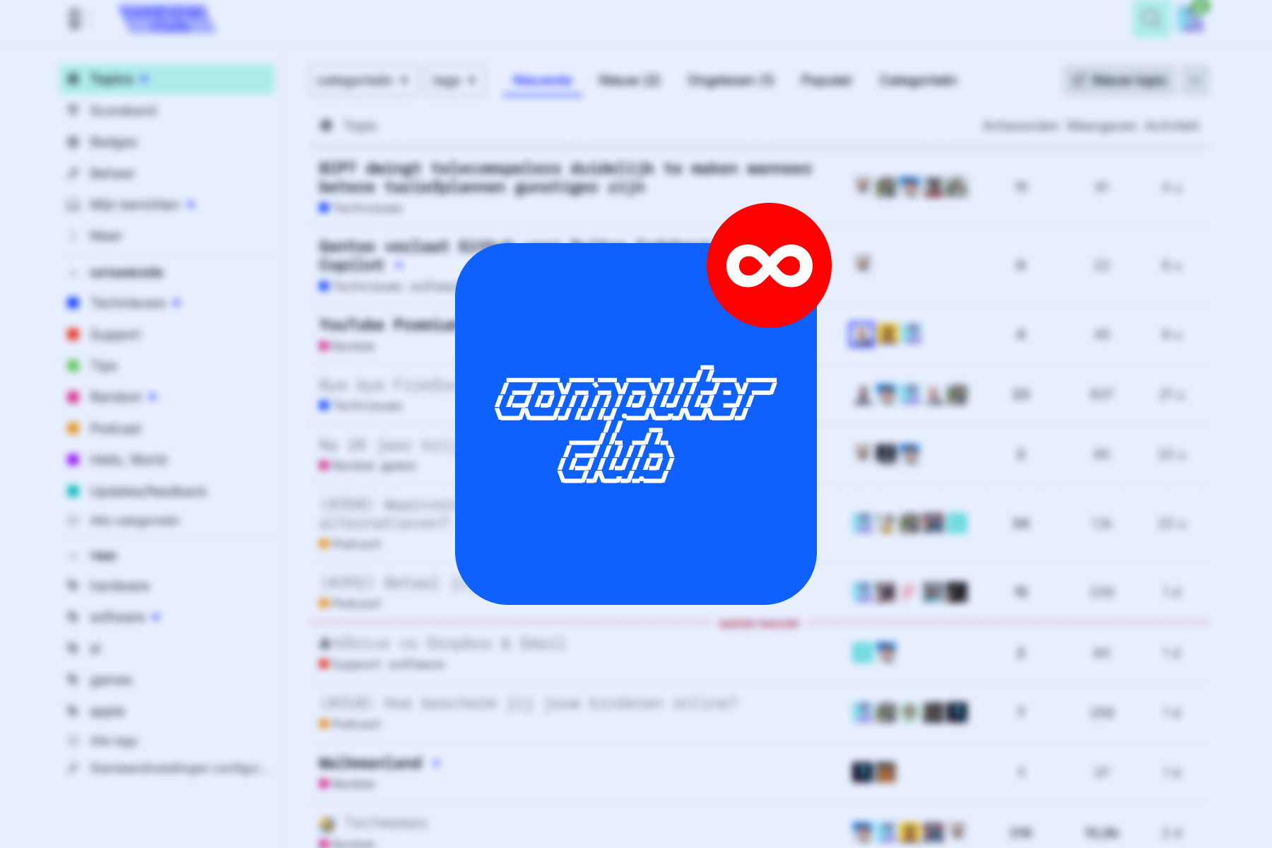 Het Computer Club-forum, met daarop een app-icoon van Computer Club, met een badge met daarop het 'oneindig'-symbool.