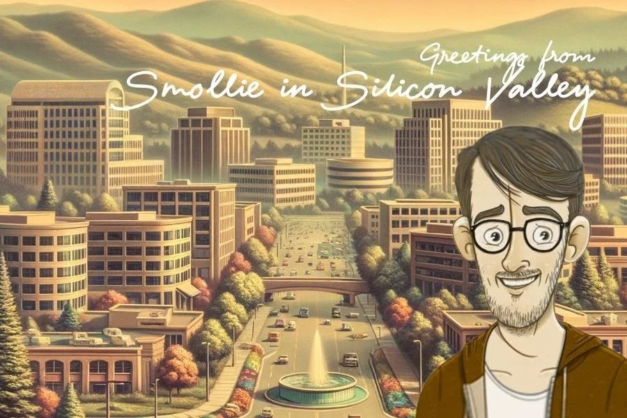 Postkaartje van Silicon Valley, met Smollie erop, en 'Greetings from Smollie in Silicon Valley'