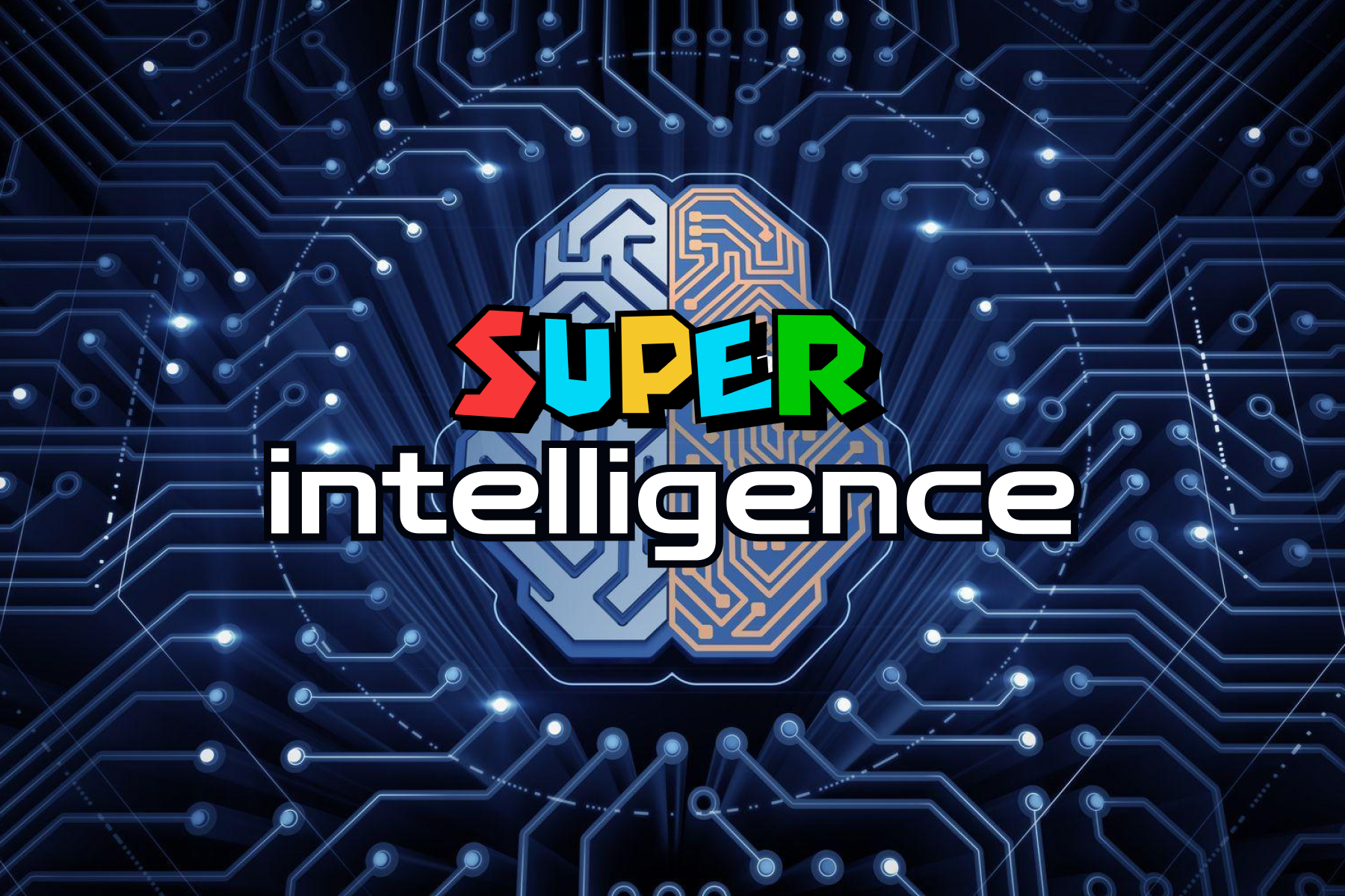 Een stock photo van een brein met nodes. Er staat Super intelligence, in Super Mario font.