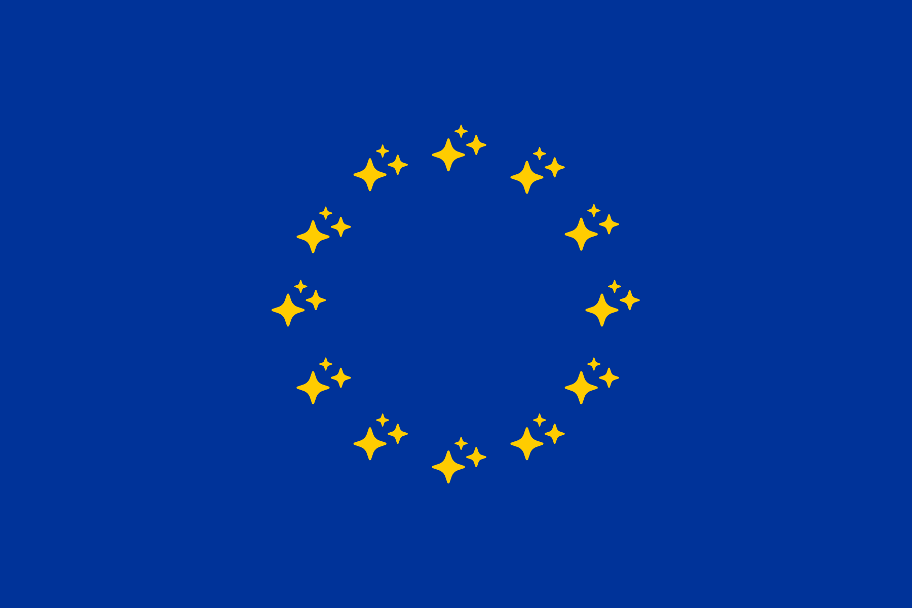 Vlag van Europa, maar met 'AI sparkles' in plaats van gewone sterrtjes.