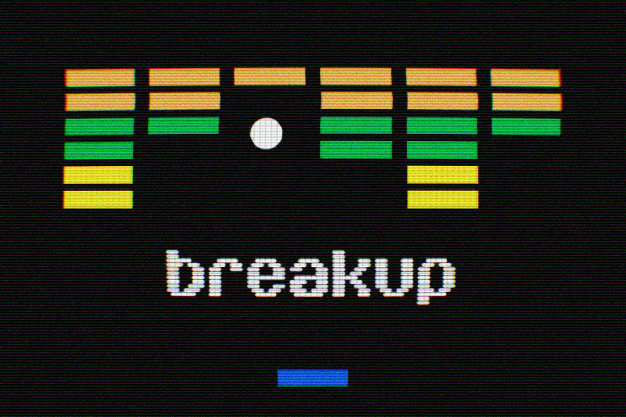 Atari-spel 'Breakout', maar er staat 'Breakup'.