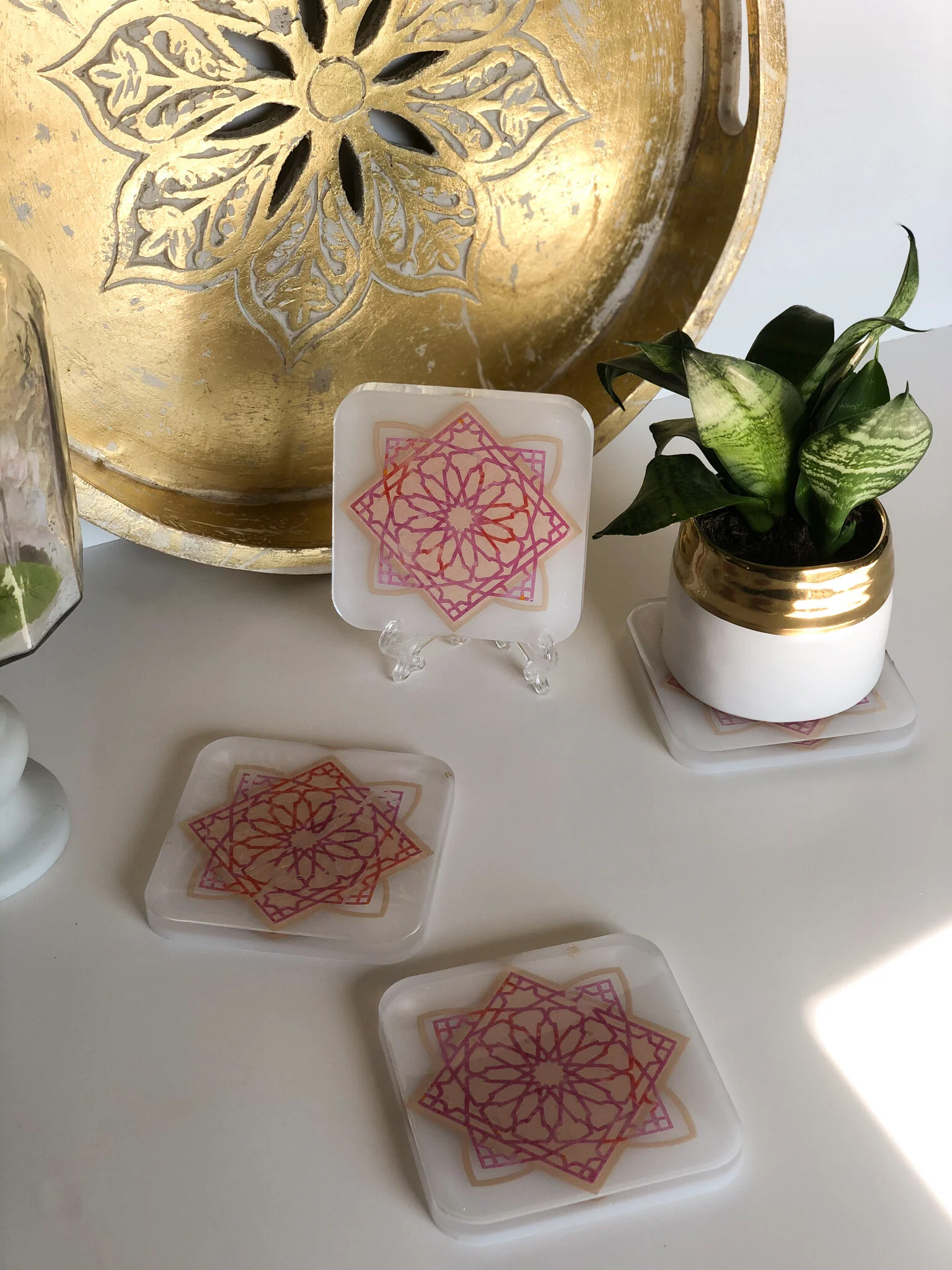 Pink and Cream Geometric Design Resin Coasters 