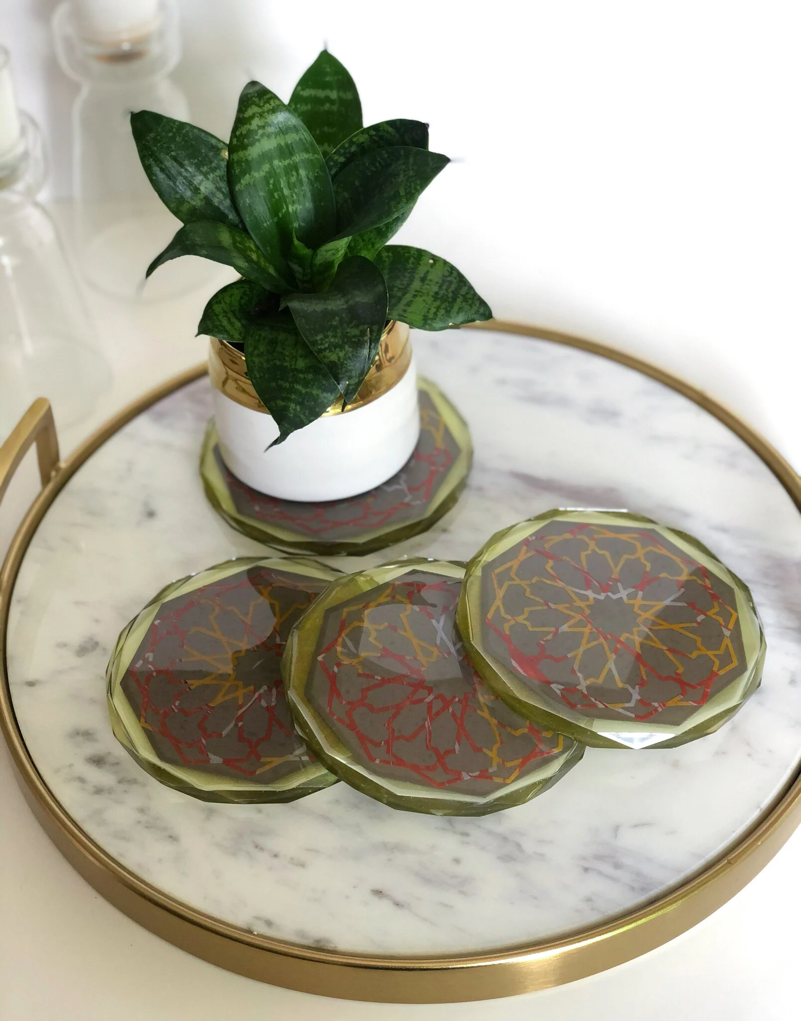 Yellow Geometric Design Resin Coasters  