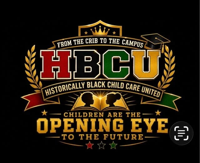 Logo for HBCU with a shield, laurels, graduation cap, and children silhouettes, featuring the quotes 'From the crib to the campus' and 'Children are the opening eye to the future.'