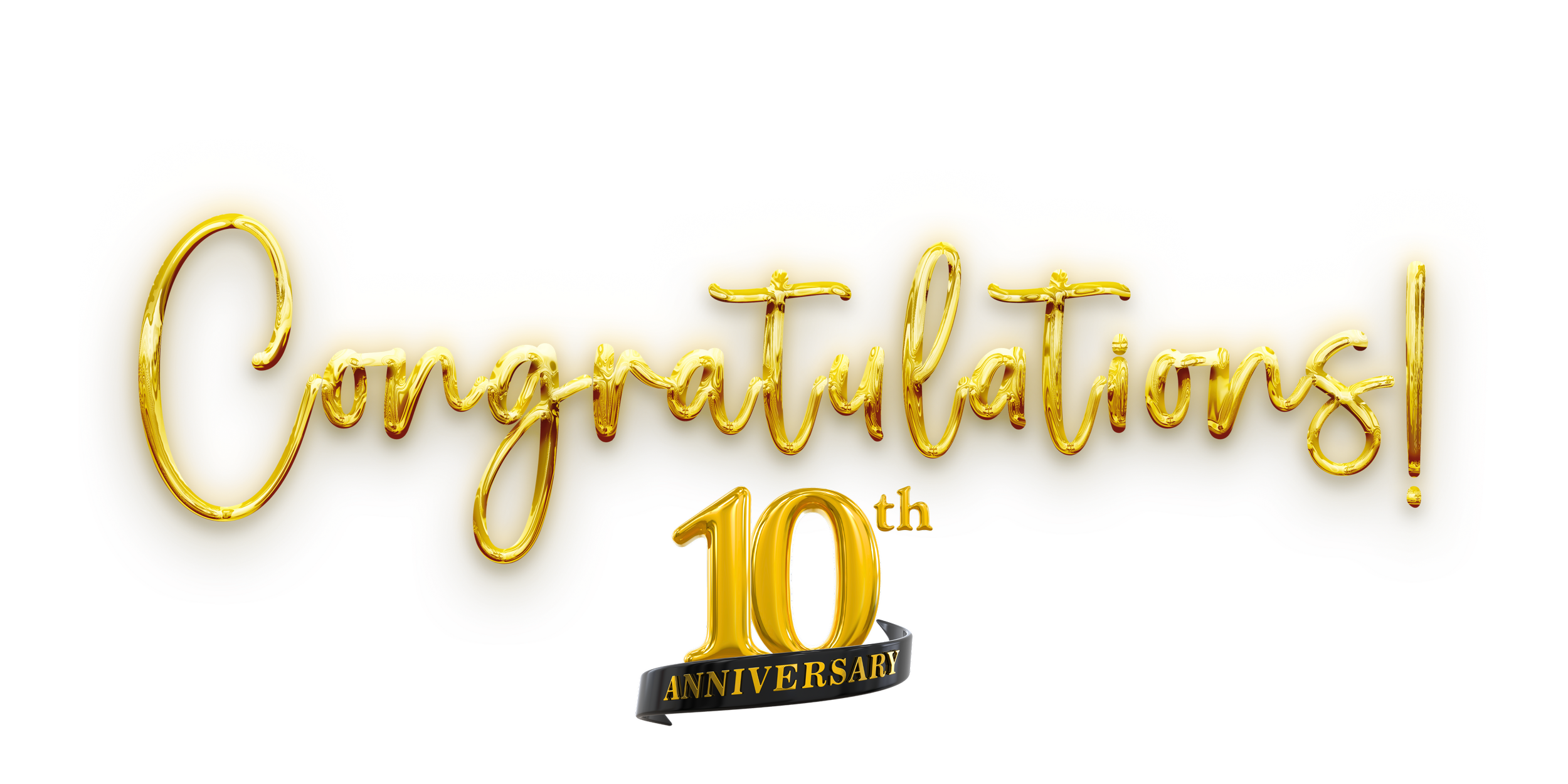 Gold 3D text that says "Congratulations!" with a large "10" and a black ribbon underneath that says "Anniversary" on a colorful background.