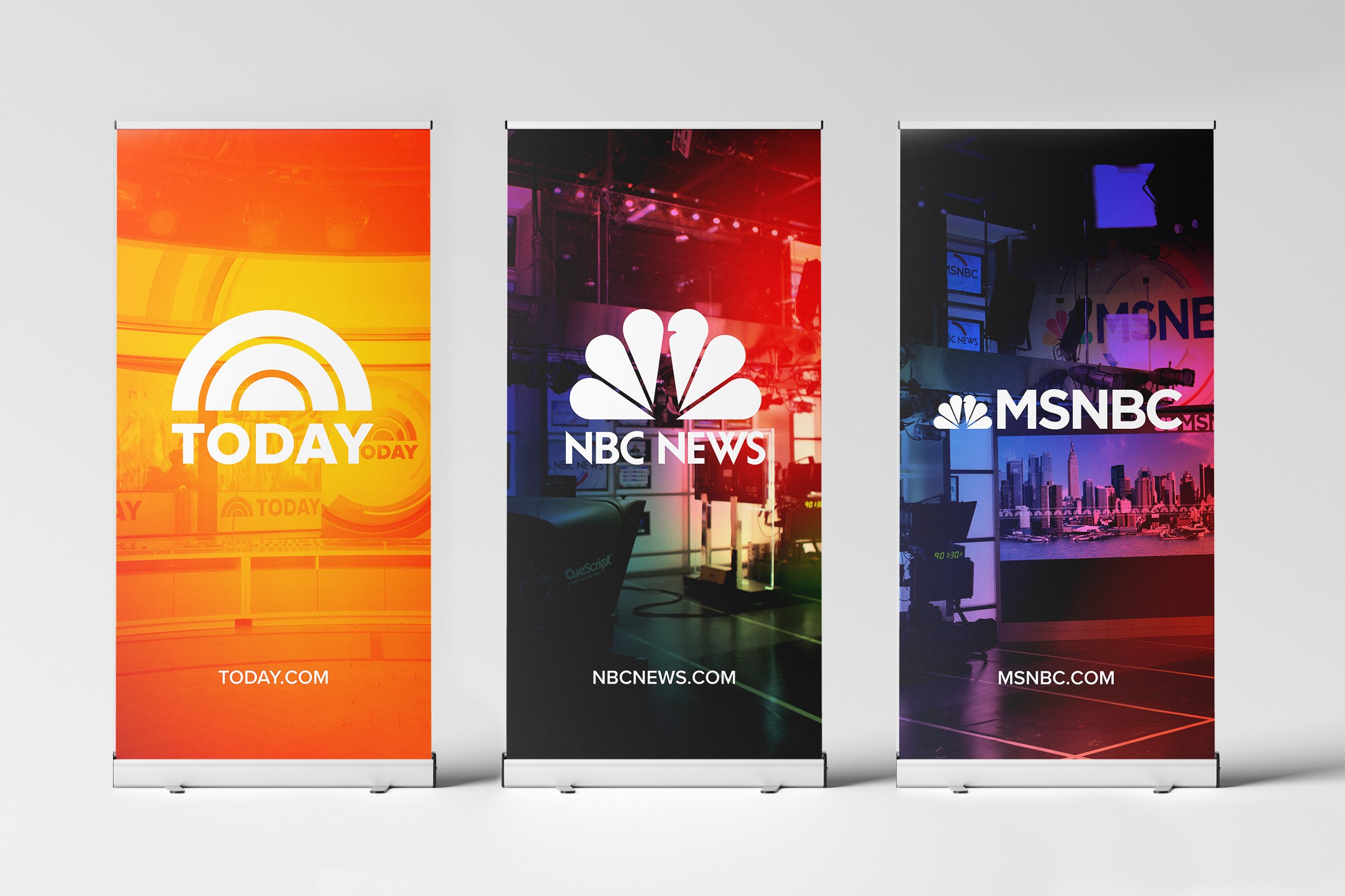 Design mock up of 3 standalone roll up signages for NBC at VidCon 2017, from left to right Today Show, NBCNews, MSNBC