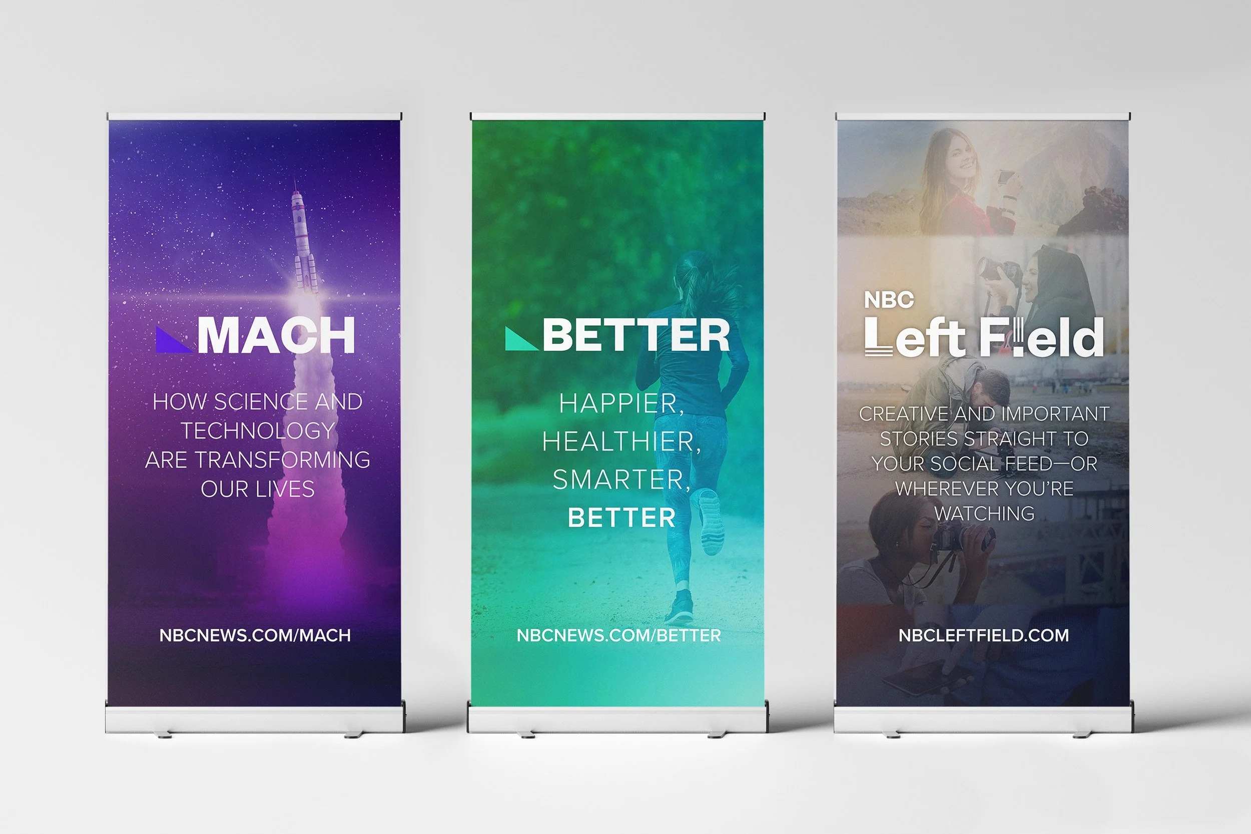 Design mock up of 3 standalone roll up signages for NBC at VidCon 2017, from left to right Mach, Better, and NBC Left Field