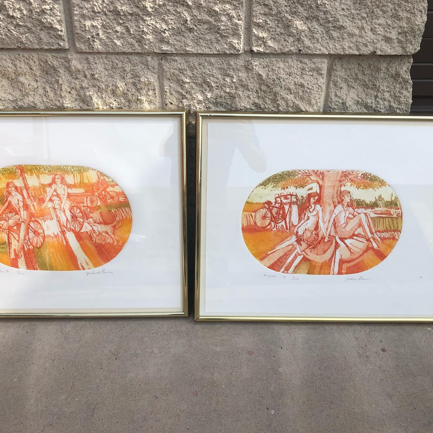 Pair of mid century modern lithos. Signed and numbered. I like the orange and the bicycle theme. C1960. Excellent condition. 21.5&rdquo; x 27&rdquo;. DM to purchase $295 pair.That didn&rsquo;t take long. Sold!