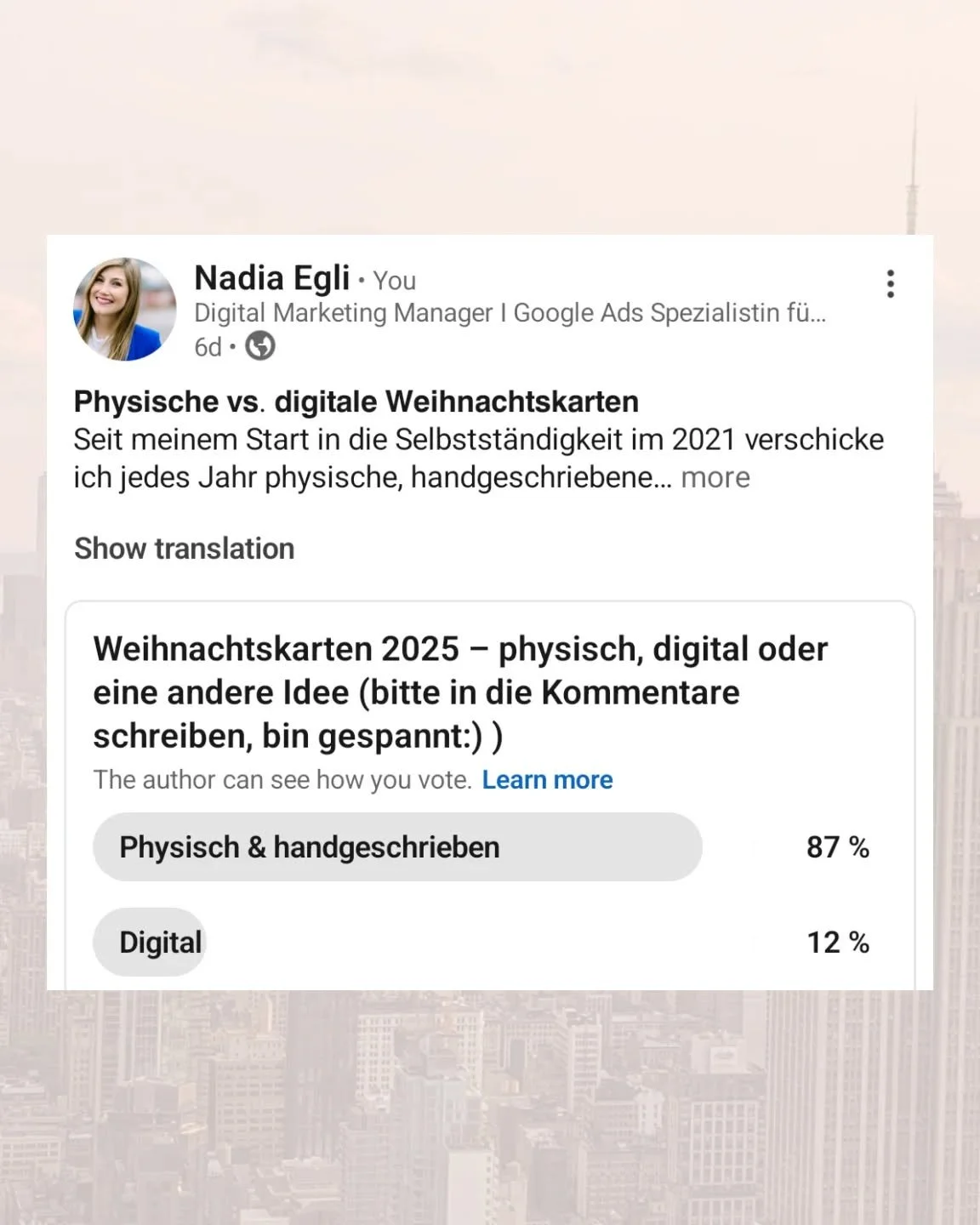 Ihr habt abgestimmt auf LinkedIn und anscheinend gibt es dieses Jahr wieder physische, handgeschriebene Weihnachtskarten ;)

Was ist eure Meinung dazu?