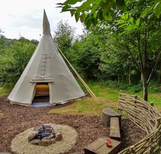 A beige teepee tent set up on a grassy area surrounded by trees, with a small fire pit encircled by stones, a wooden bench, and a rustic woven fence.