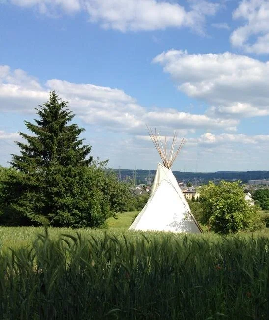 White teepee tent with poles on top in a grassy field, surrounded by trees and under a partly cloudy sky.