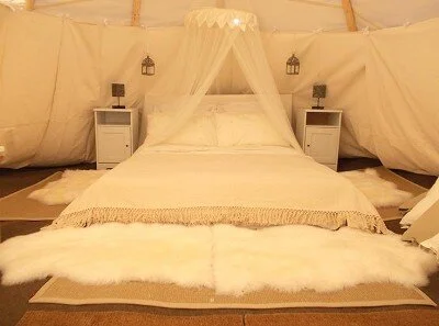 A cozy bedroom with a large bed, covered in white bedding and a canopy netted tent overhead. Two nightstands with small lamps are on either side of the bed, and a fluffy white rug is placed in front of it.