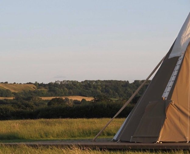 A tent set up in a grassy field with trees and rolling hills in the background during daytime.