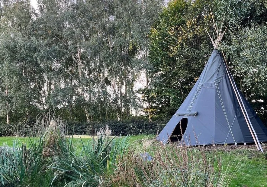 Canvas tipi in a natural outdoor setting in the UK, surrounded by trees and greenery