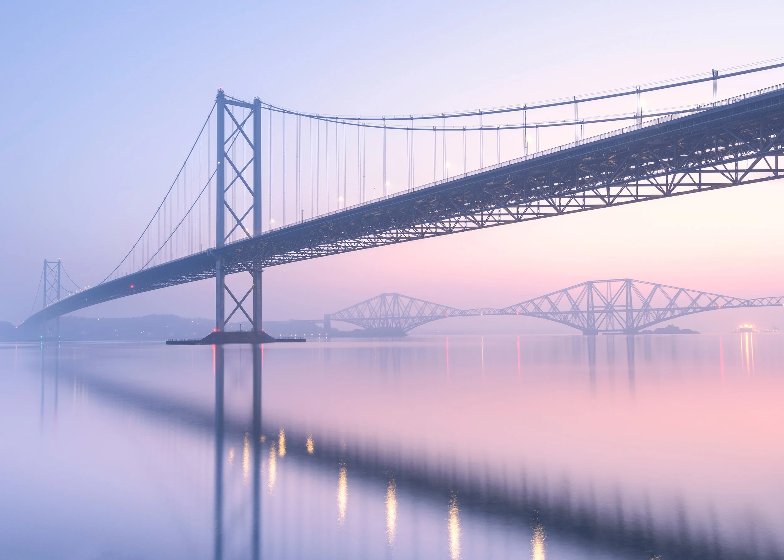 Foggy sunrise of the forth rail bridge and forth road bridges in South queensferry.  edinburgh photography print.  Wall art landscape print