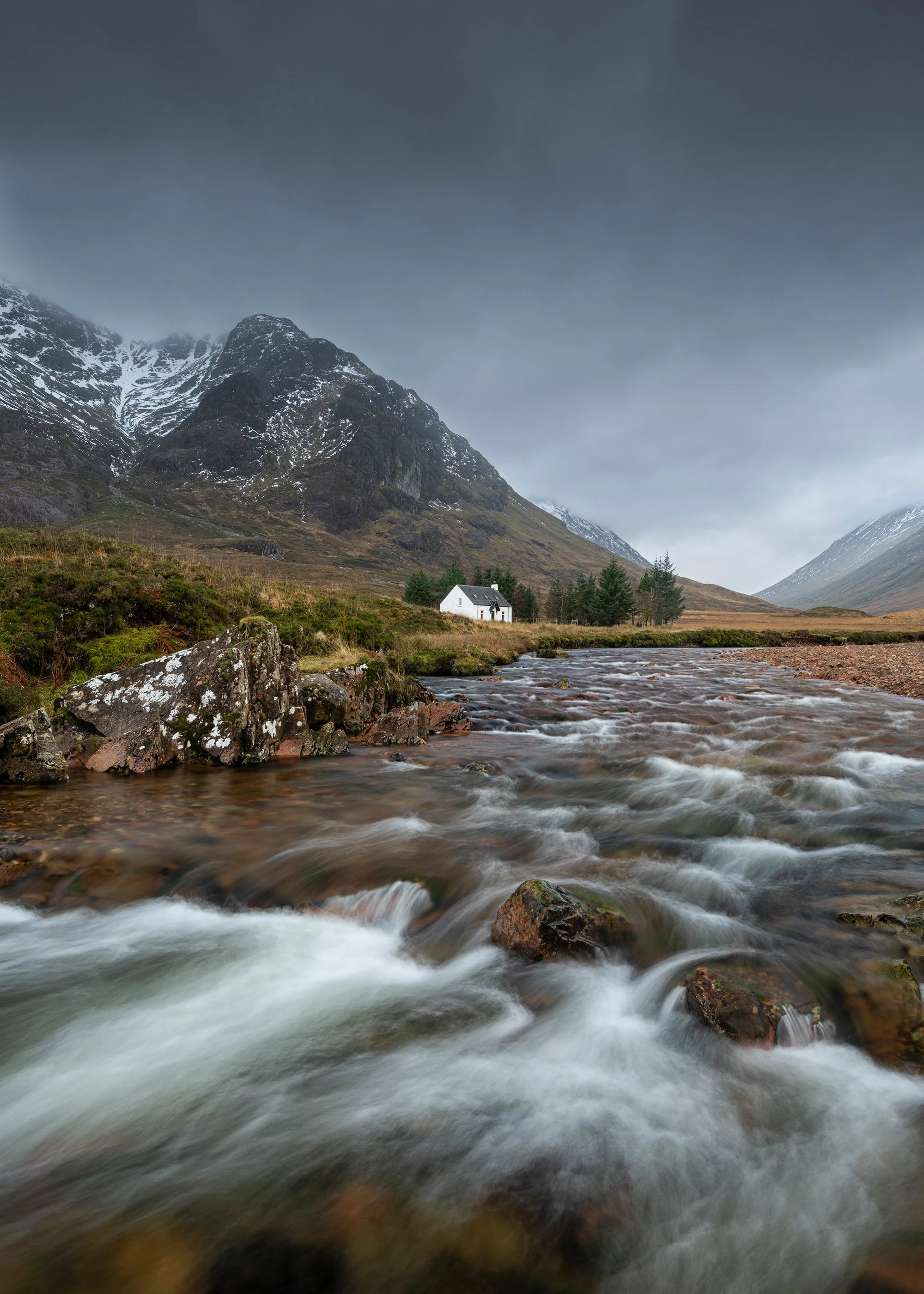 Glencoe Photography print,  landscape print snow mountains white cottage house.  Scotland prints