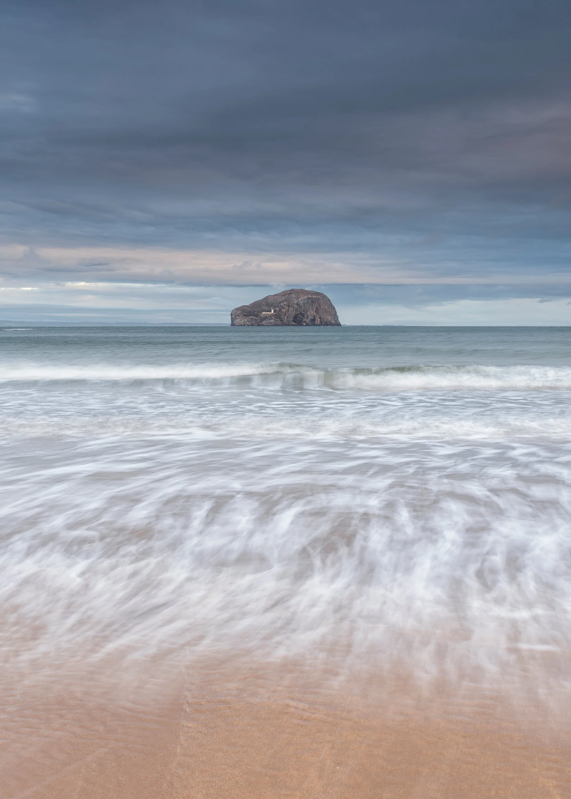Seacliff Beach.  Bass Rock Print from North Berwick Scotland.  Sunrise photography print.  Landscape and seascape photography prints in blue tones.