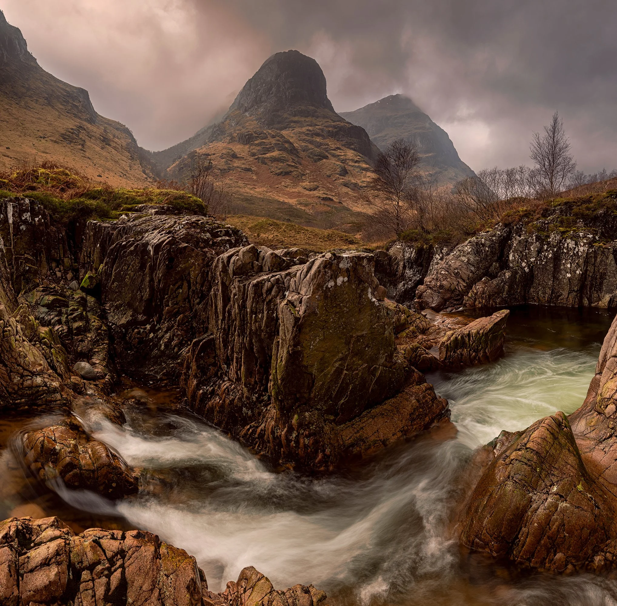 Three Sisters Peak Mountains in Glencoe,  Scotland photography print, waterfall print.  Landscape wall art Scottish Highlands