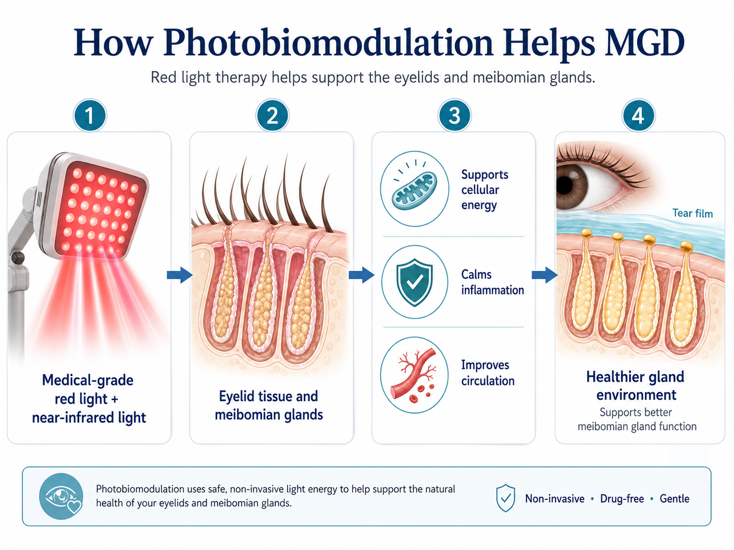 Photobiomodulation diagram showing red light, eyelid tissue, circulation, inflammation, and gland health