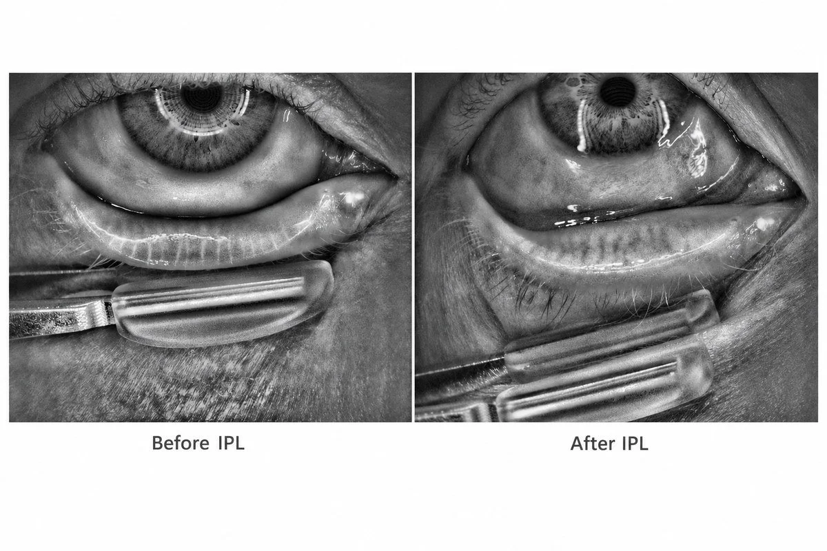 Before and after IPL imaging showing a more open central meibomian gland channel and improved gland visibility after treatment