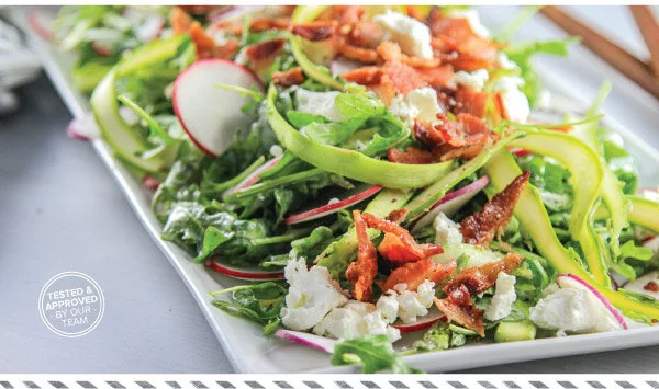 Asparagus Ribbon Salad with Arugula, Radish, Bacon, &amp; Goat Cheese with a Dill Buttermilk Dressing