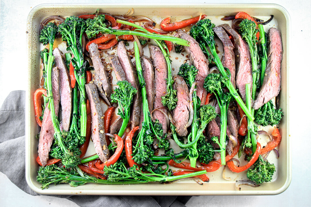 Teriyaki Flank Steak with Baby Broccoli, Red Peppers, &amp; Red Onion