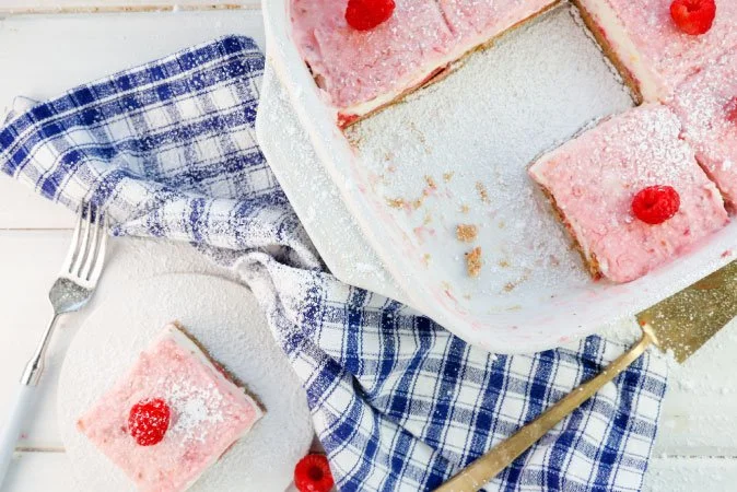 No-Bake Raspberry Lemon Cheesecake Bars with Graham Cracker Almond Crust