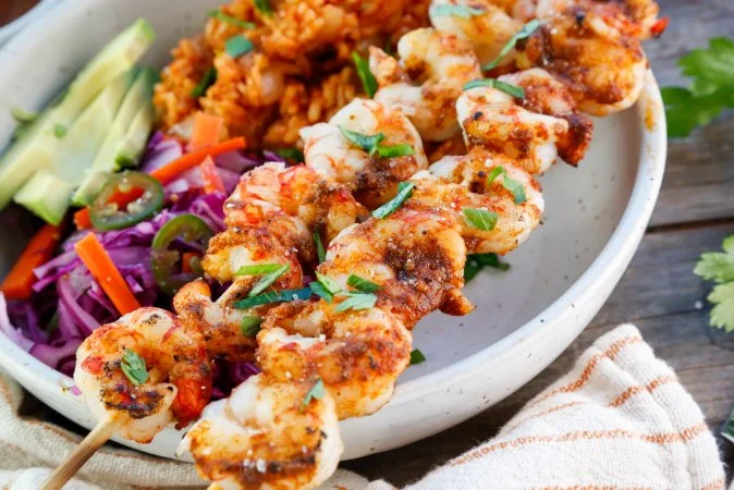 Grilled Cajun Shrimp with Red Rice and Pickled Slaw