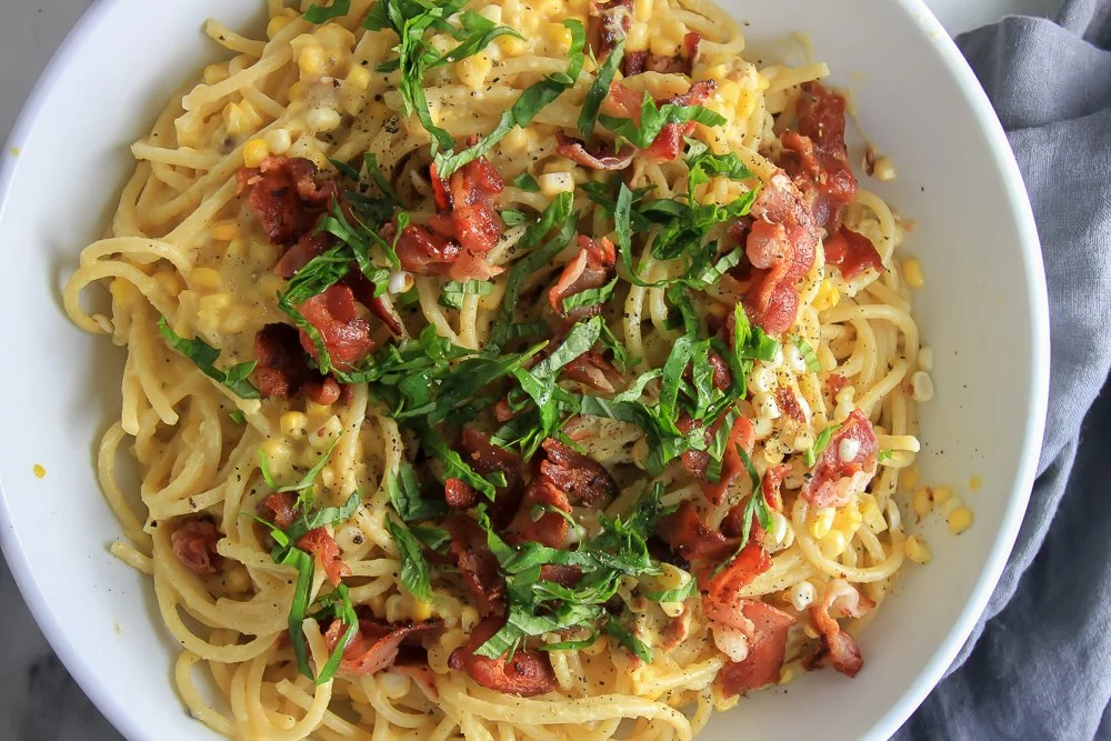 Fresh Corn Carbonara with Bacon &amp; Basil 
