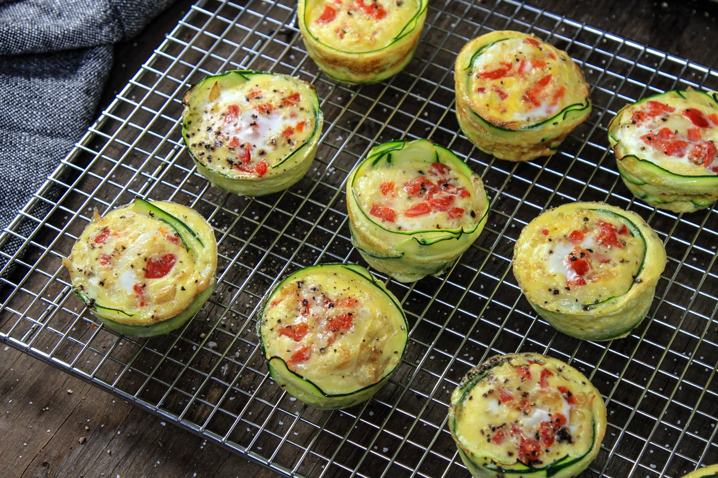 Zucchini Egg Cups with Gruyere, Caramelized Onions, and Roasted Red Pepper
