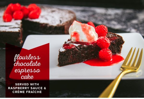 Flourless Chocolate Espresso Cake with Raspberry Sauce and Crème Fraîche