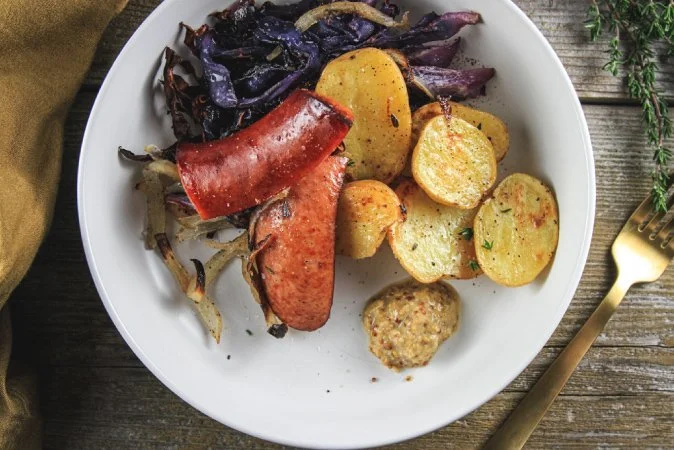 Roasted Kielbasa with Red Cabbage, Onions and Potatoes