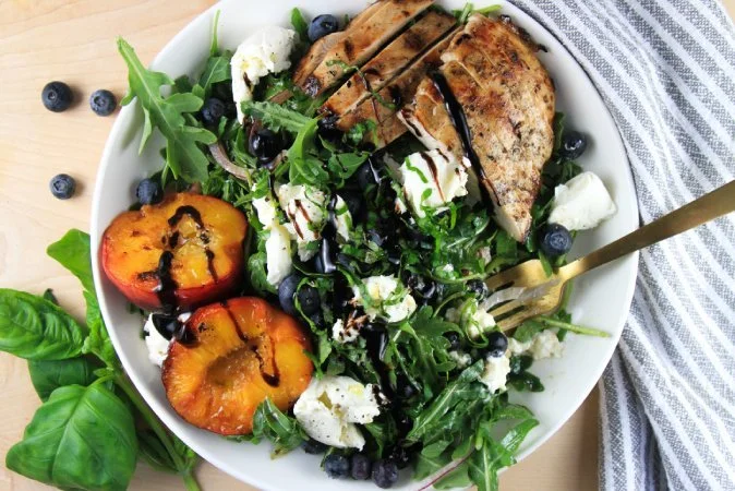 Balsamic Chicken and Arugula Salad with Nectarines, Blueberries and Burrata